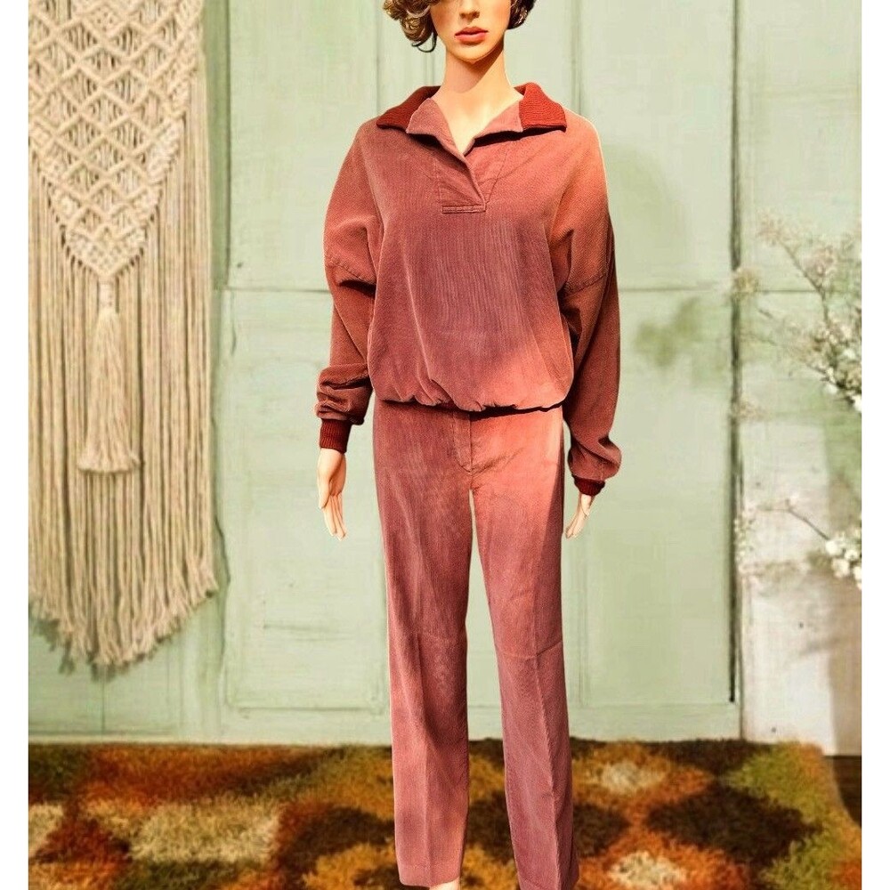 Vtg 1970s Corduroy Shirt And Pants Set Off Brown Mauve Leisure Suit 2 Piece 24”w